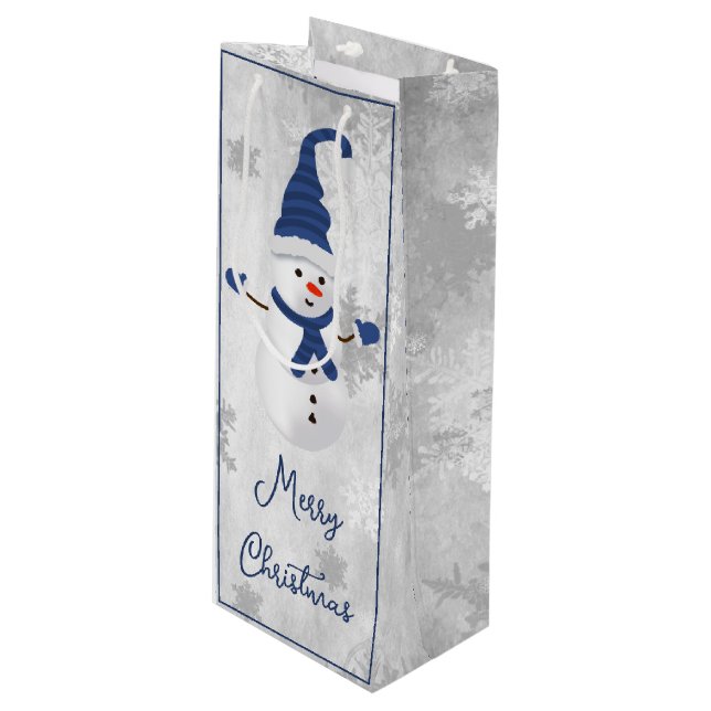 Blue Cute Snowman Holiday Wine Gift Bag (Front Angled)