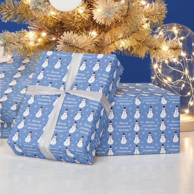 Blue Cute Snowman Snowflake Merry Christmas Name  Wrapping Paper (Holidays)