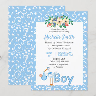 Blue Cute Stork Boy Floral Baby Shower     Invitation
