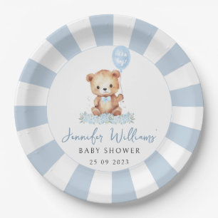 Blue cute teddy bear balloon baby boy shower paper plate