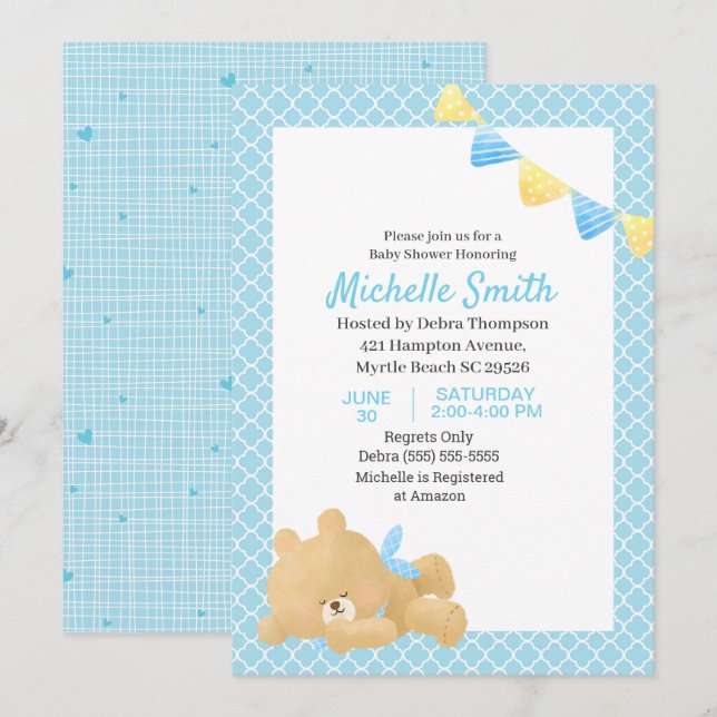 Blue Cute Teddy Bear Boy Baby Shower       Invitation (Front/Back)