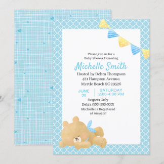 Blue Cute Teddy Bear Boy Baby Shower Invitation