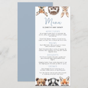 Blue Cute Watercolor Woodland Animals Baby Shower Menu