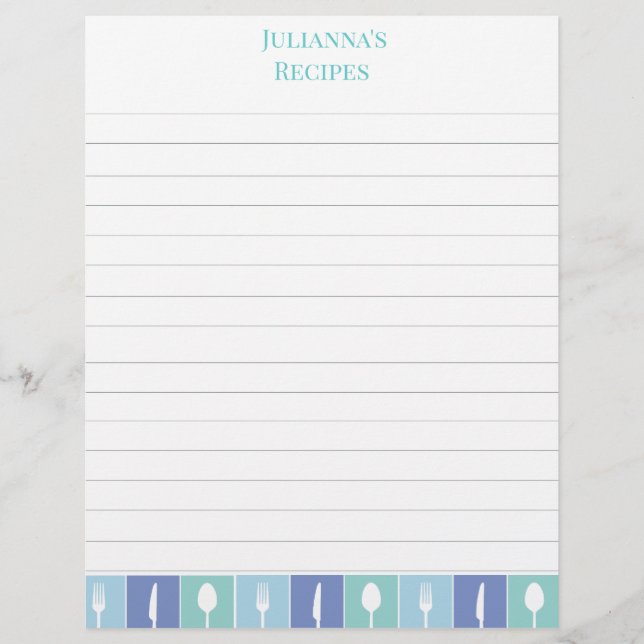 Blue Cutlery Recipe Lined Personalised Letterhead (Front)