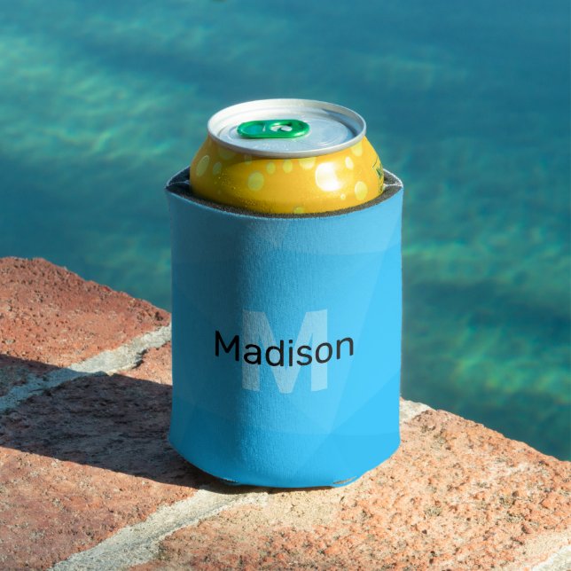 Blue cyan gradient geometric mesh pattern Monogram Can Cooler (In Situ Pool)