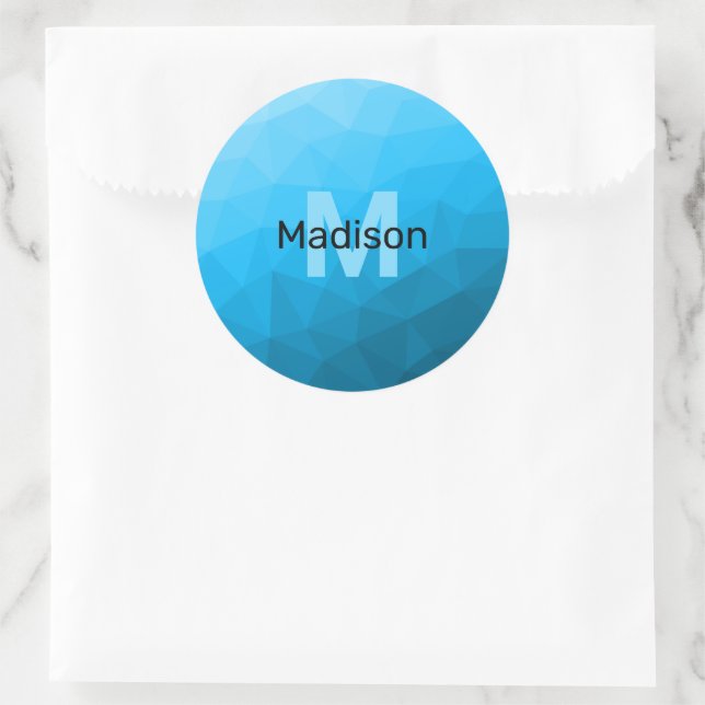 Blue cyan gradient geometric mesh pattern Monogram Classic Round Sticker (Bag)