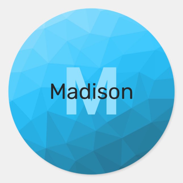 Blue cyan gradient geometric mesh pattern Monogram Classic Round Sticker (Front)