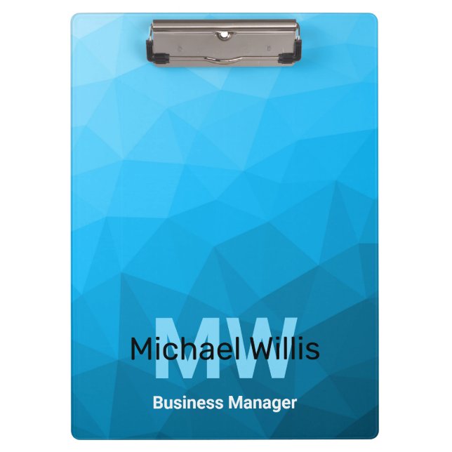Blue cyan gradient geometric mesh pattern Monogram Clipboard (Front)