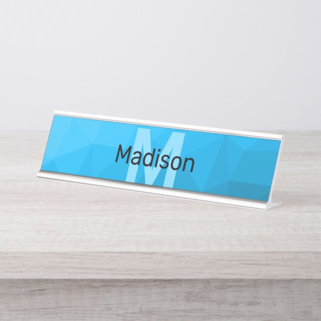 Blue cyan gradient geometric mesh pattern Monogram Desk Name Plate (Front)