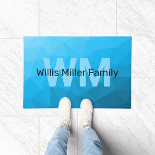Blue cyan gradient geometric mesh pattern Monogram Doormat