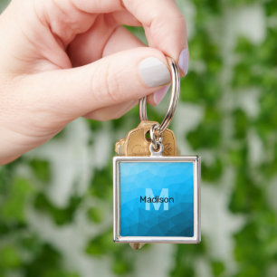 Blue cyan gradient geometric mesh pattern Monogram Key Ring