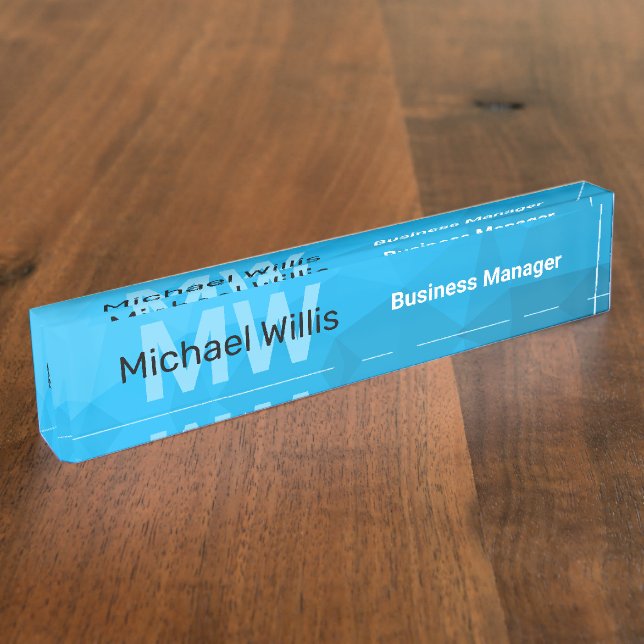 Blue cyan gradient geometric mesh pattern Monogram Nameplate (Side)