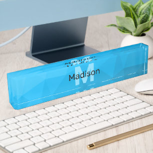 Blue cyan gradient geometric mesh pattern Monogram Nameplate