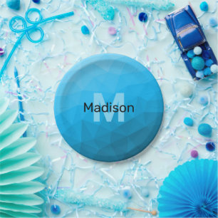 Blue cyan gradient geometric mesh pattern Monogram Paper Plate
