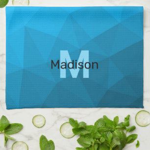 Blue cyan gradient geometric mesh pattern Monogram Tea Towel
