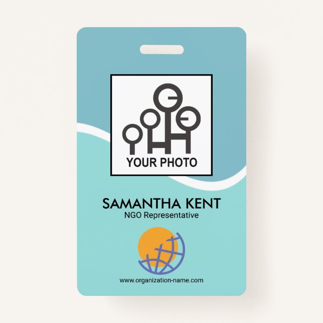 Blue Cyan Waves Photo Template Staff ID ID Badge (Front)