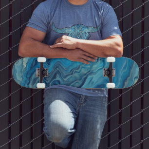 Blue Cyan White Marble Acrylic Abstraction Skateboard