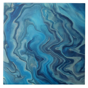 Blue Cyan White Marble Acrylic Abstraction  Tile