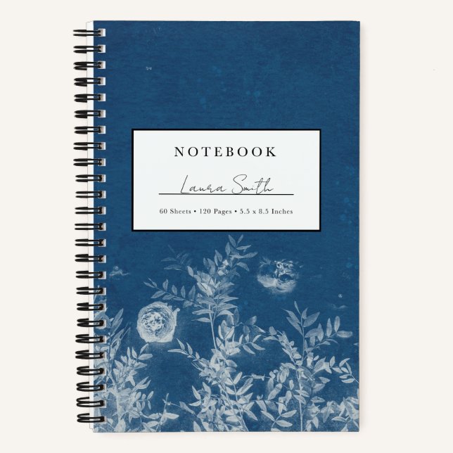 Blue Cyanotype Flower Personalised Notebook (Front)