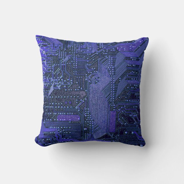 Blue Cyber Circuit Board Tech Art Electronics Cushion (Front)
