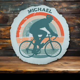 Blue Cyclist Retro Rainbow Round Cushion