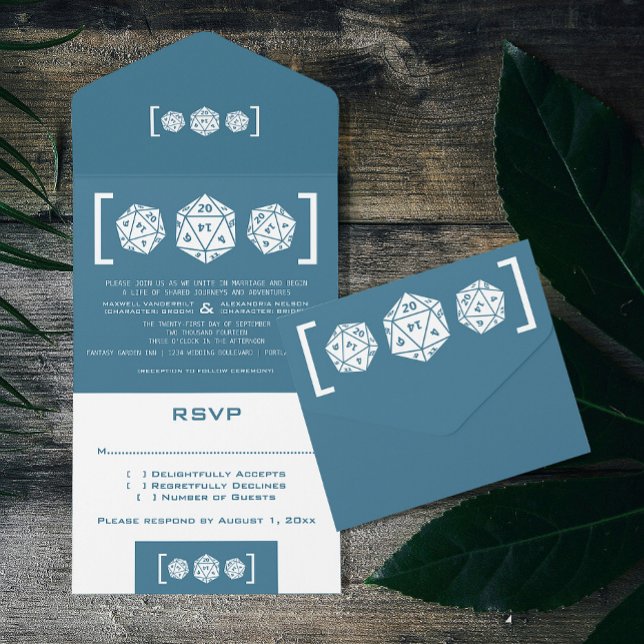 Blue D20 Dice Gamer All in One Wedding Invite (Blue d20 Dice Gamer Wedding All in One Invitation)