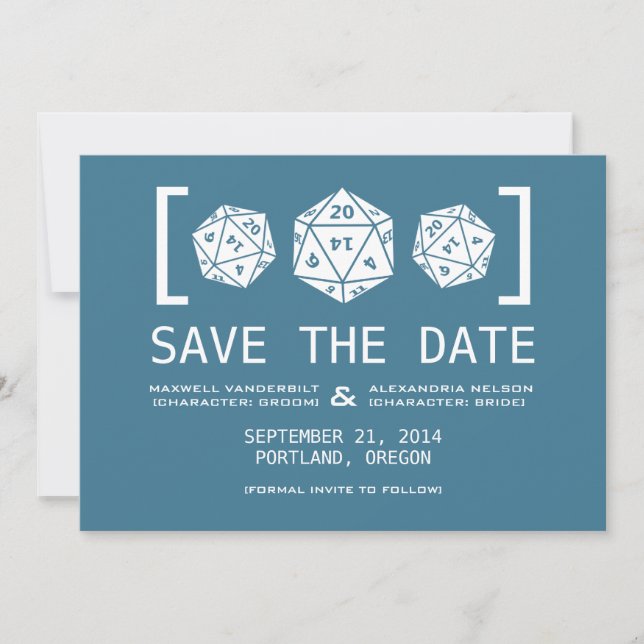 Blue D20 Dice Gamer Save the Date Invite (Front)