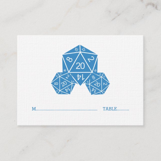 Blue D20 Dice Wedding Place Card (Front)