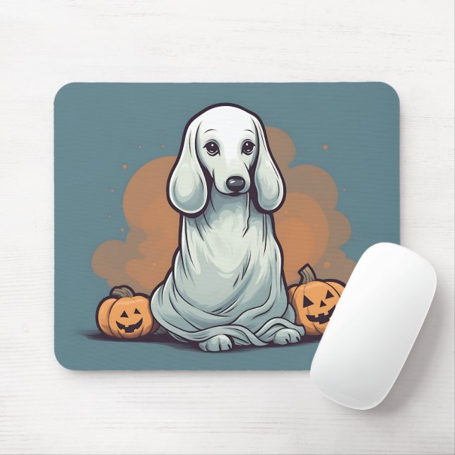 Blue Dachshund Ghost Orange Pumpkin Halloween Mouse Mat (With Mouse)