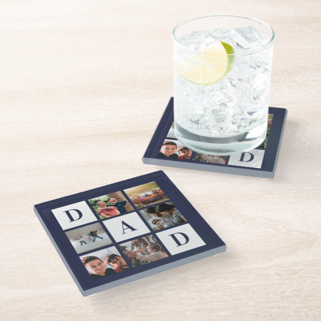 Blue Dad Colorblock Six Photo Collage Personalised Glass Coaster (Angled)