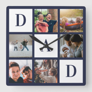 Blue Dad Colorblock Six Photo Collage Personalised Square Wall Clock