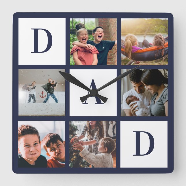Blue Dad Colorblock Six Photo Collage Personalised Square Wall Clock (Front)