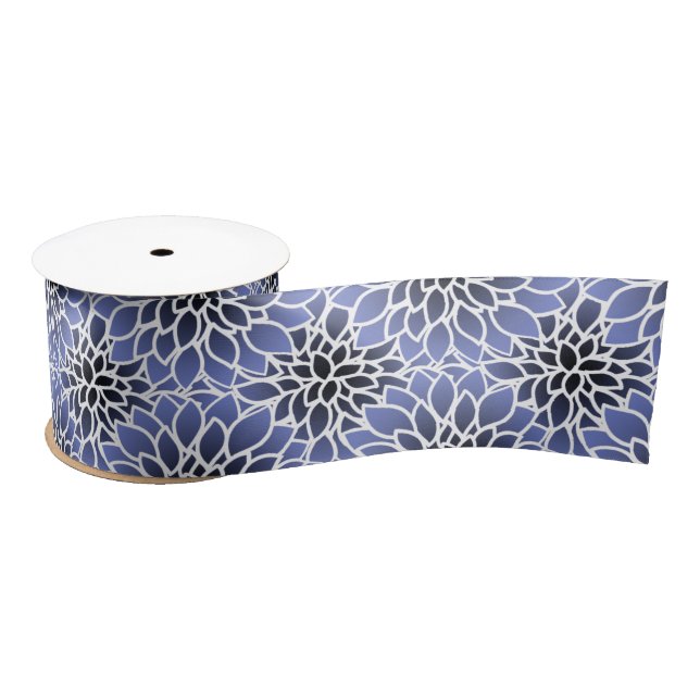 Blue Dahlia Floral Pattern Satin Ribbon (Spool)