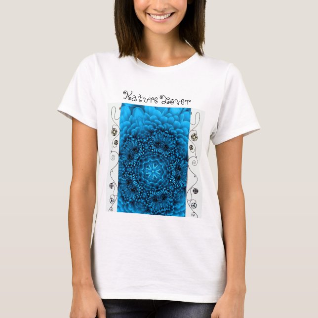 BLUE DAHLIA FLOWER, Abstract Floral Nature Lover T-Shirt (Front)