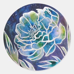 Blue Dahlia Handmade Navy Teal Floral Watercolor Classic Round Sticker