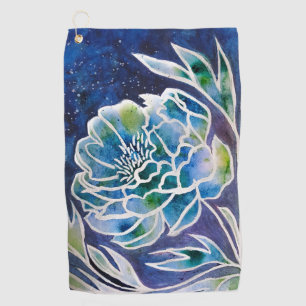 Blue Dahlia Navy Teal Celestial Floral Watercolor Golf Towel