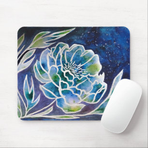 Blue Dahlia Navy Teal Celestial Floral Watercolor Mouse Mat