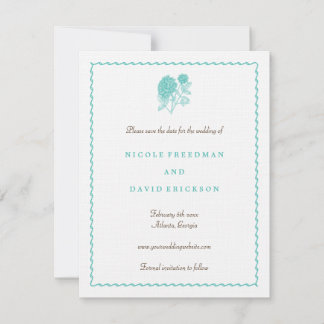 Blue dahlia save the date wedding announcement