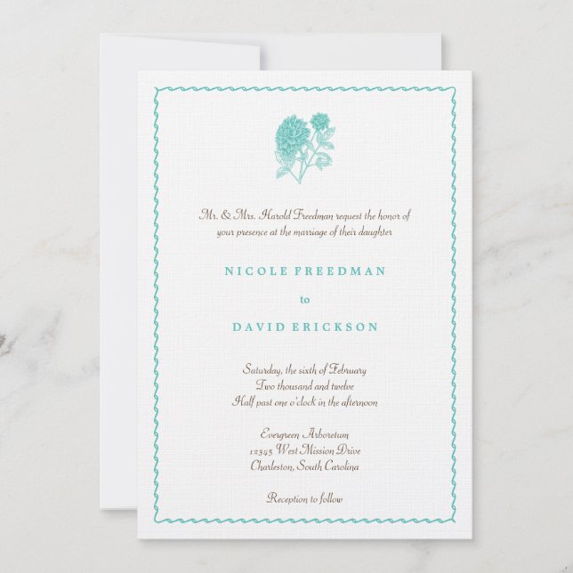 Blue dahlia simple elegance wedding invitation (Front)