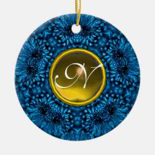 BLUE DAHLIA YELLOW TOPAZ MONOGRAM CERAMIC TREE DECORATION