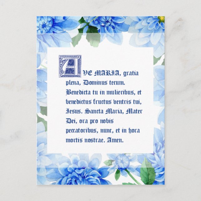 Blue Dahlias | Ave Maria Latin | Hail Mary Postcard (Front)