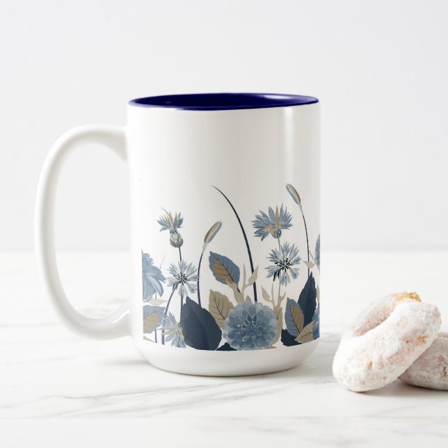 Blue Dahlias Cornflower Two-Tone Coffee Mug (With Donut)