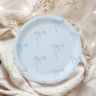 Blue dainty bow pattern boy baby shower paper plate