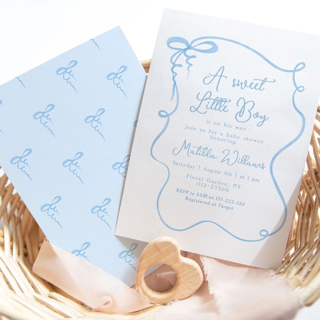 Blue dainty bow wavy baby boy shower  invitation (Creator Uploaded)