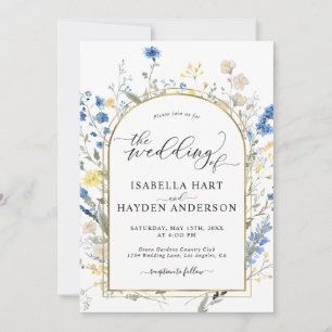 Blue Dainty Floral Gold All In 1 QR Code Wedding Invitation