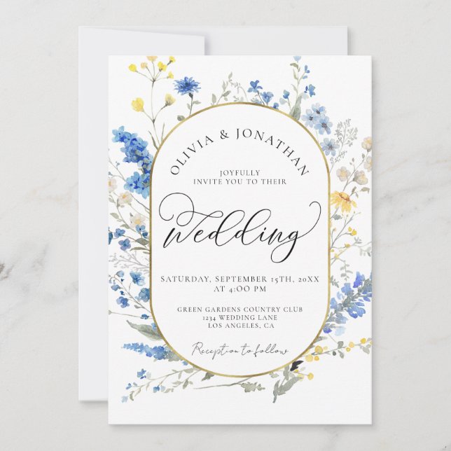 Blue Dainty Gold All in 1 Budget QR Code Wedding Invitation (Front)