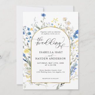 Blue Dainty Wild Floral Gold Arch Flowers Wedding Invitation