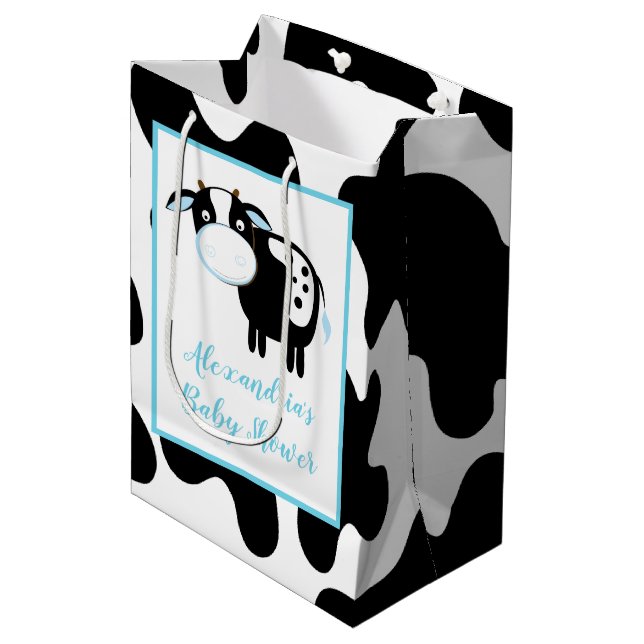 Blue Dairy Cow Baby Shower Gift Bag (Front Angled)