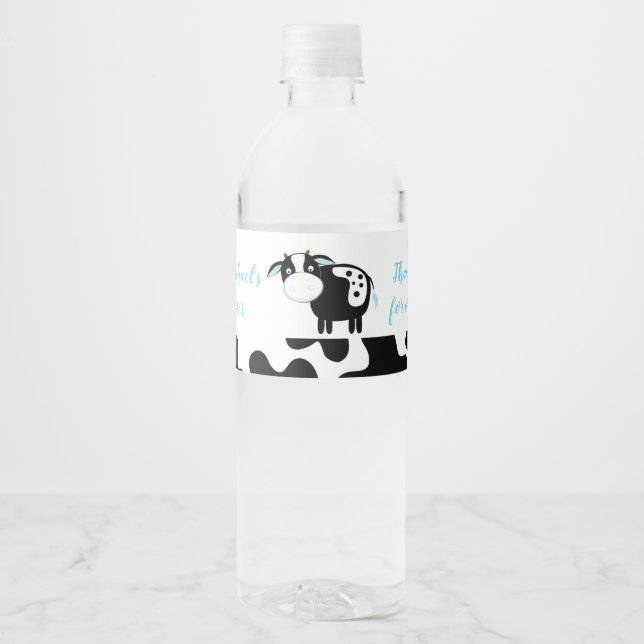 Blue Dairy Cow Farm Baby Boy Water Bottle Label (Front)