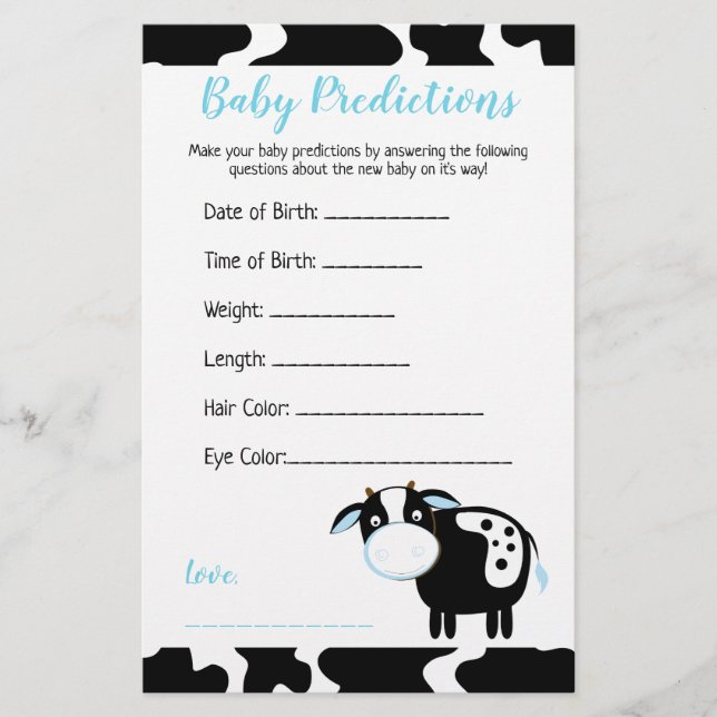 Blue Dairy Cow Farm Baby Shower Predictions Card (Front)